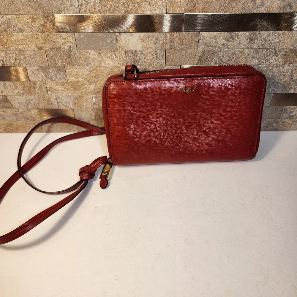 Lauren Ralph Lauren Red Textured Leather Crossbody Camera Bag Gold RLL Logo